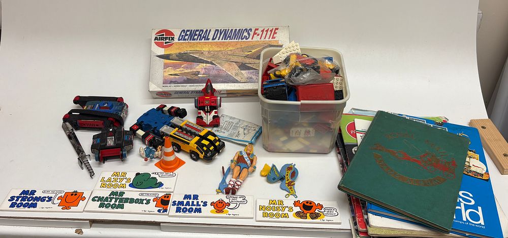 Lot 517: A Collection of Vintage Toys, Hobby Items, and Collectible Publications, including Assorted LEGO Building Bricks in a Storage Bin