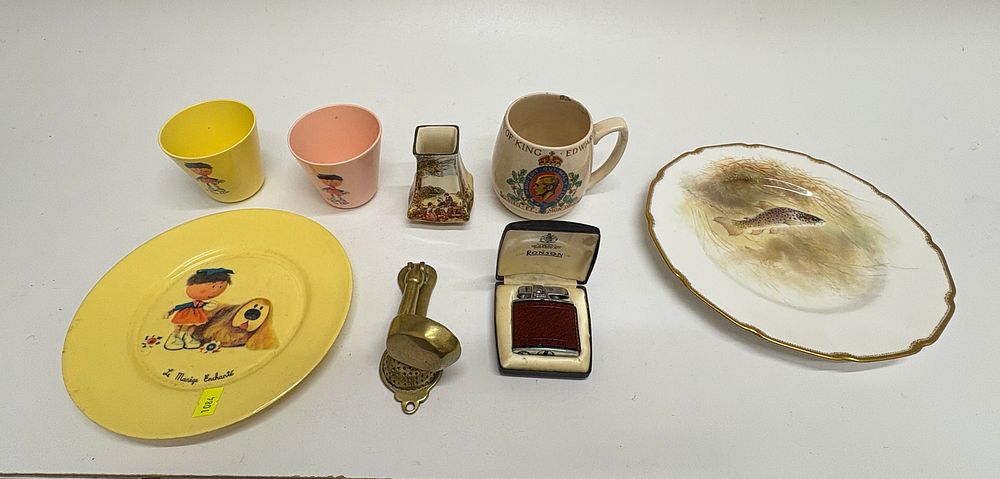 Lot 524: A Diverse Collection of Ceramics, Metalware, and Children's Plasticware, including Royal Doulton and Ronson