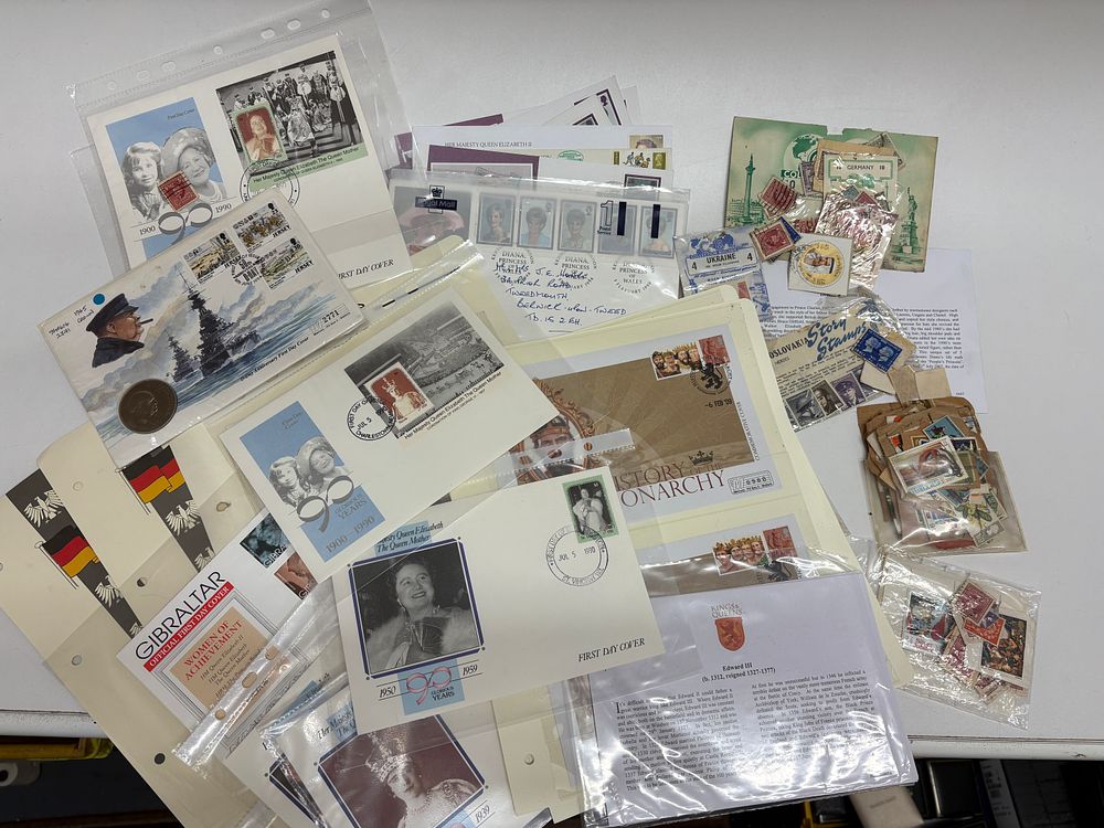 Lot 566: A Large Collection of British and World Philatelic Material, Including Over 100 Loose/On Paper Stamps, Sets, 20 Stamp Covers, and 2 Coin Covers