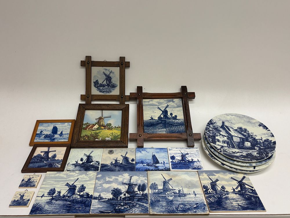Lot 593: A Collection of Delft Blauw Holland Windmill Tiles and Plates