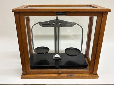 Griffin & George Limited Laboratory Analytical Balance in Glazed Wooden Case. A vintage 