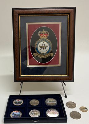 UK Military Presentation Frame RAF Uxbridge & Collection of 9 Commemorative Crowns. A mixed lot 
