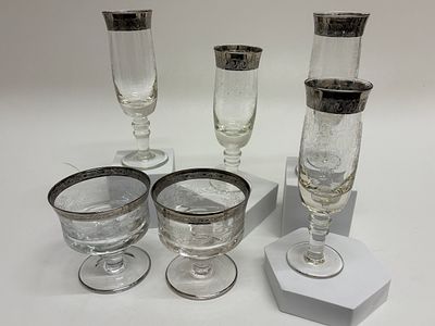 A Collection of 6 Vintage Silver Overlay Etched Murano Medici platinum Glass Stemware Pieces. A 