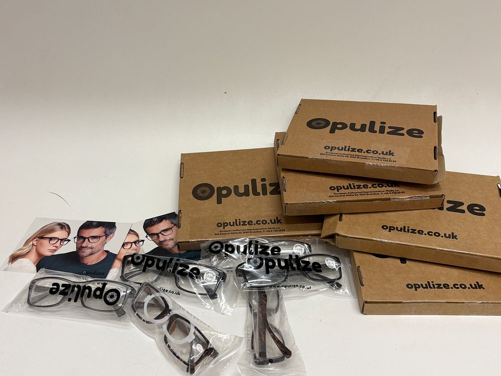 Lot 40: A Collection of 21 Opulize Retail Glasses and Boxes