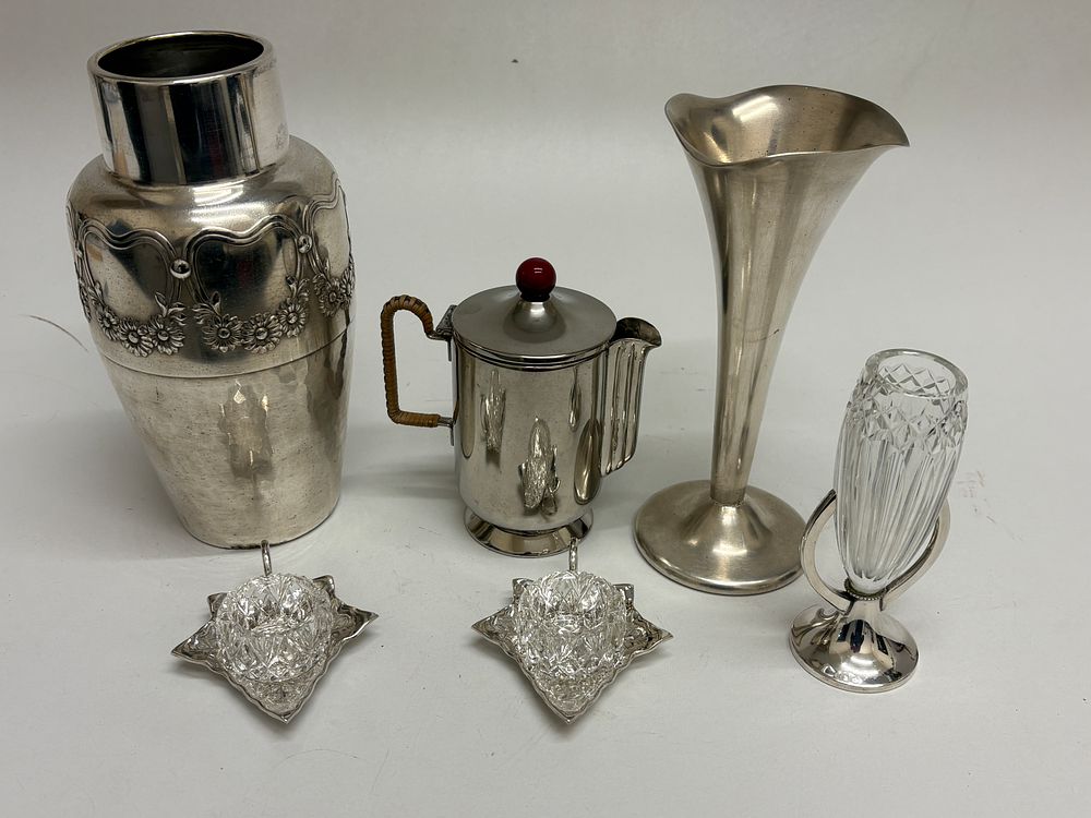 Lot 43: A Collection of Six Pieces of WMF Art Nouveau Silverplate Hollowware Vase and Cocktail Shaker etc