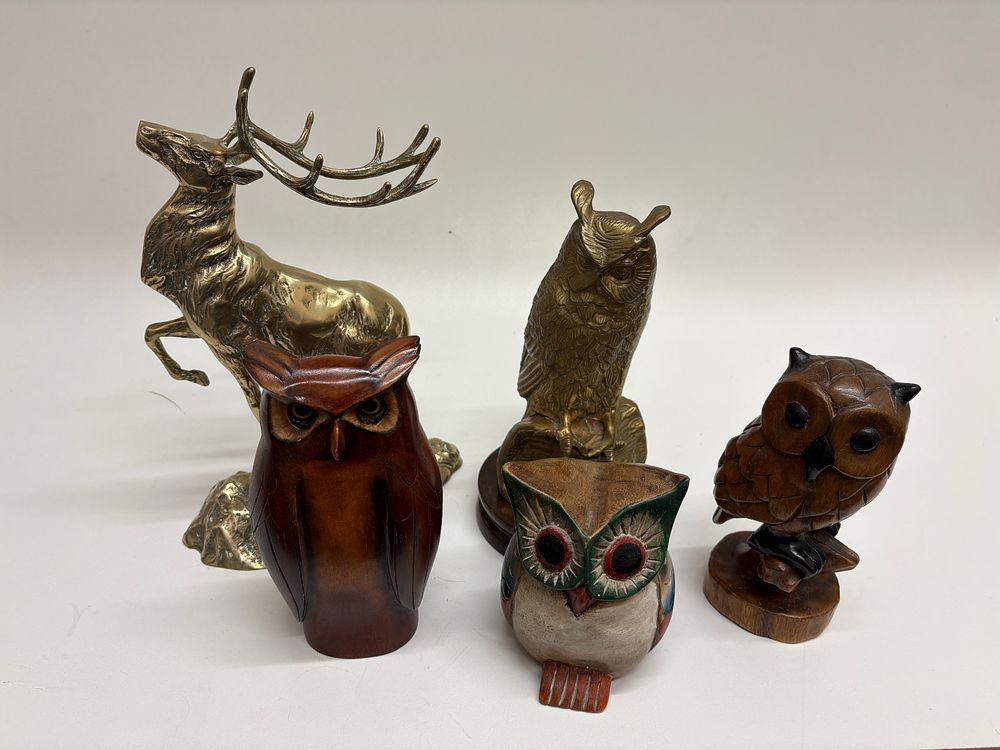Lot 56: A Collection of 5 Vintage Brass and Carved Wood Animal Figurines, including a Wapiti Stag and Owls