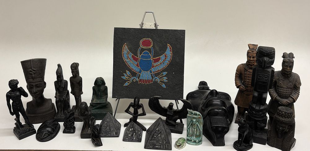 Lot 61: A Collection of 21 Modern Decorative Sculptures, Primarily Egyptian Revival Reproductions