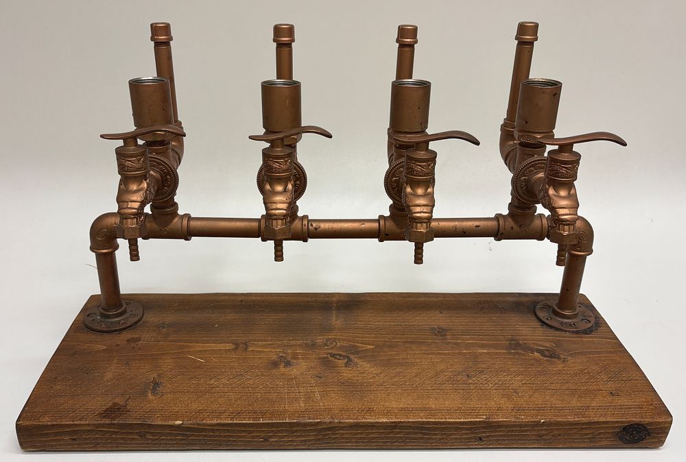 Lot 62: A Collection of Four Industrial Style Liquor Dispensers on Wood Base to hold four bottles