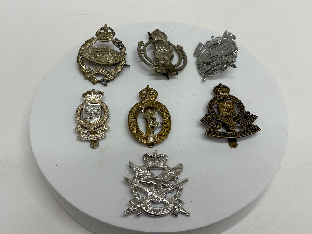Lot 78: A Collection of Seven Mixed-Metal British Military Insignia and Cap Badges