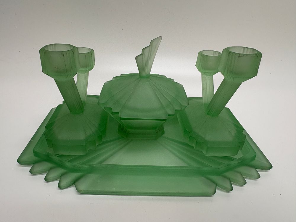 Lot 638: Bagley and Co, Pressed Satin Uranium Glass, Bedford Pattern Dressing Table Set