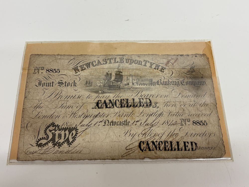 Lot 667: Newcastle upon Tyne Joint Stock Banking Company Five Pounds Banknote 1844
