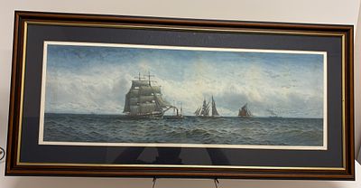 A Panoramic Maritime Watercolour of Sailing Vessels and Steamships, Signed W.H.B. Bunce and 