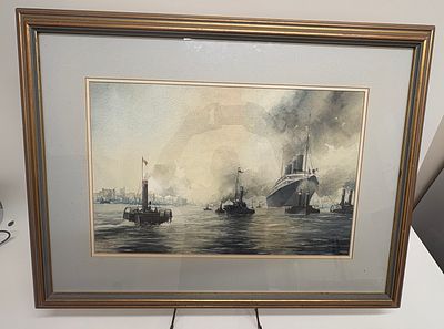 John Urwin (British, 20th Century), Mauretania 1907 on the Tyne, Watercolour on Paper, 1990. A 