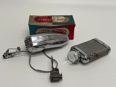 A Collection of Vintage Bicycle Accessories including a Vesta Type 220C Electric Horn. A 