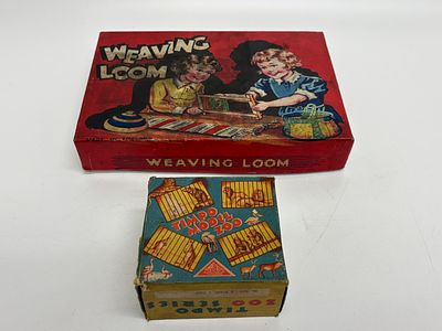 Two Vintage British Toy Sets Comprising a 1950s Weaving Loom and a Timpo Model Zoo No. 4201. A 