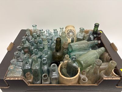 Large Collection of Antique and Vintage Glass Bottles and Stoneware Jars, including Numol, c. 