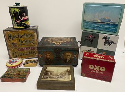 Collection of Vintage British Advertising and Commemorative Tins including CWS Jubilee Chest 