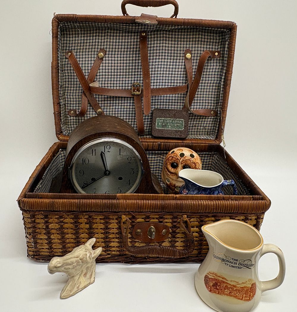 Lot 16: British Made Wicker Picnic Hamper and Assorted Collectables including Glendronach Distillery Jug, circa 1930-1960