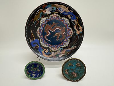 Meiji and Late Qing Period Cloisonn&eacute; Enamel Charger and Dishes. A group of three late 19th to 