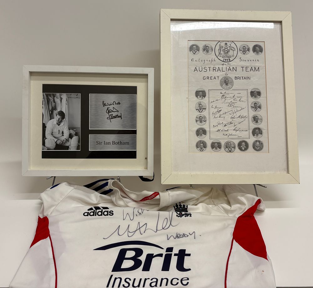 Lot 559: Sir Ian Botham, Mark Wood, and 1948 Australian Team, Three Signed and Souvenir Cricket Items, Uncertified