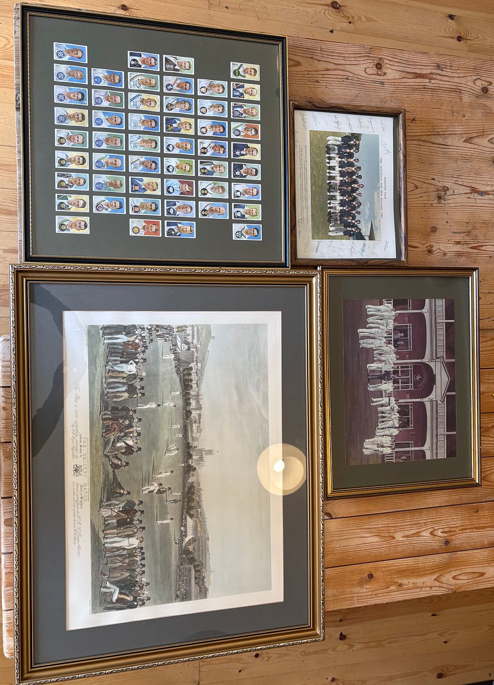 Lot 561: A Collection of Framed Cricket Memorabilia including an 1849 Mason Print, 1938 Cigarette Cards, and a Signed 1982-83 England Tour Photograph