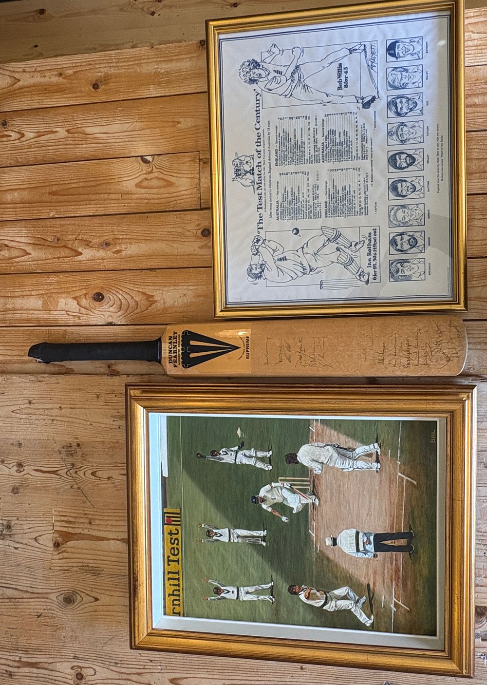 Lot 563: 1981 Ashes Interest, Multi-Signed Duncan Fearnley Cricket Bat and Commemorative Prints
