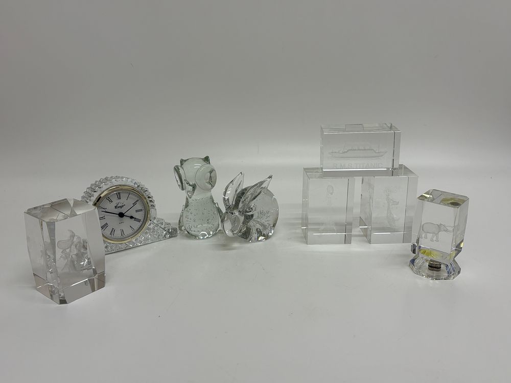 Lot 642: A Collection of Glass Animal Figurines, Laser-Etched Crystal Paperweights, and an Erlanger Desk Clock