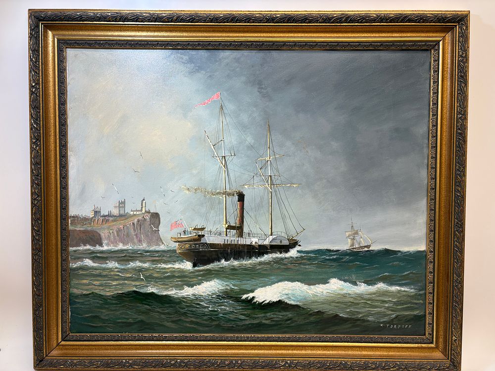 Lot 3: Fred Tordoff (English, b. 1934), An Auxiliary Steam Paddle-Ship off Tynemouth Priory large example of his work 89x74cm