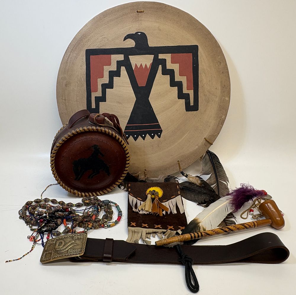 Lot 664: A Collection of Native American Style and Western Decorative Items including a Drum and a Canteen