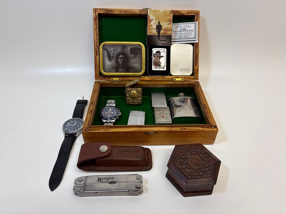 Lot 665: A Collection of Gentleman's Accessories and Collectables including Watches, Zippo Lighters, and a Multi-tool