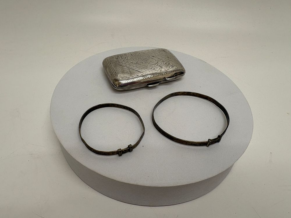 Lot 2E: Silver Hallmarked Engraved Cigarette Case and a Pair of Christening bracelets marked Silver 66g