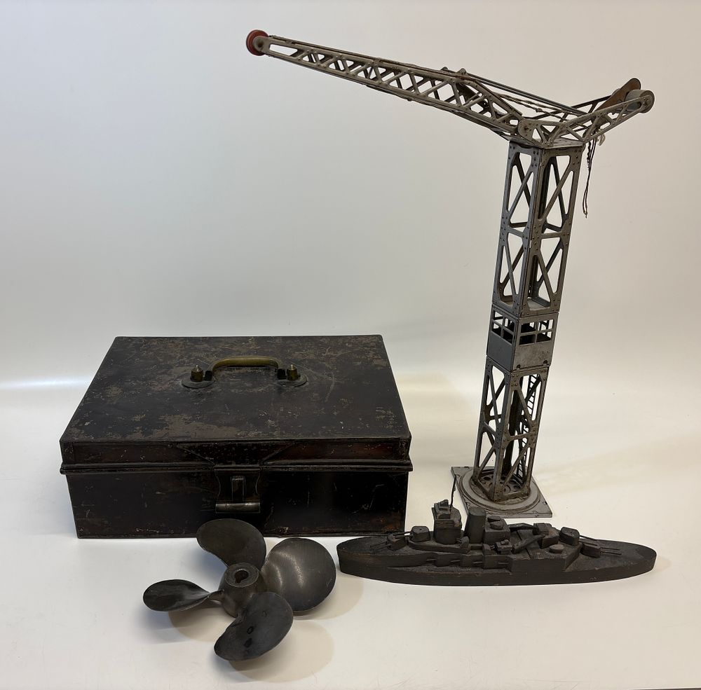 Lot 684: A Collection of Maritime and Nautical Themed Items Including a Large Tinplate Crane and a Wooden Model Ship