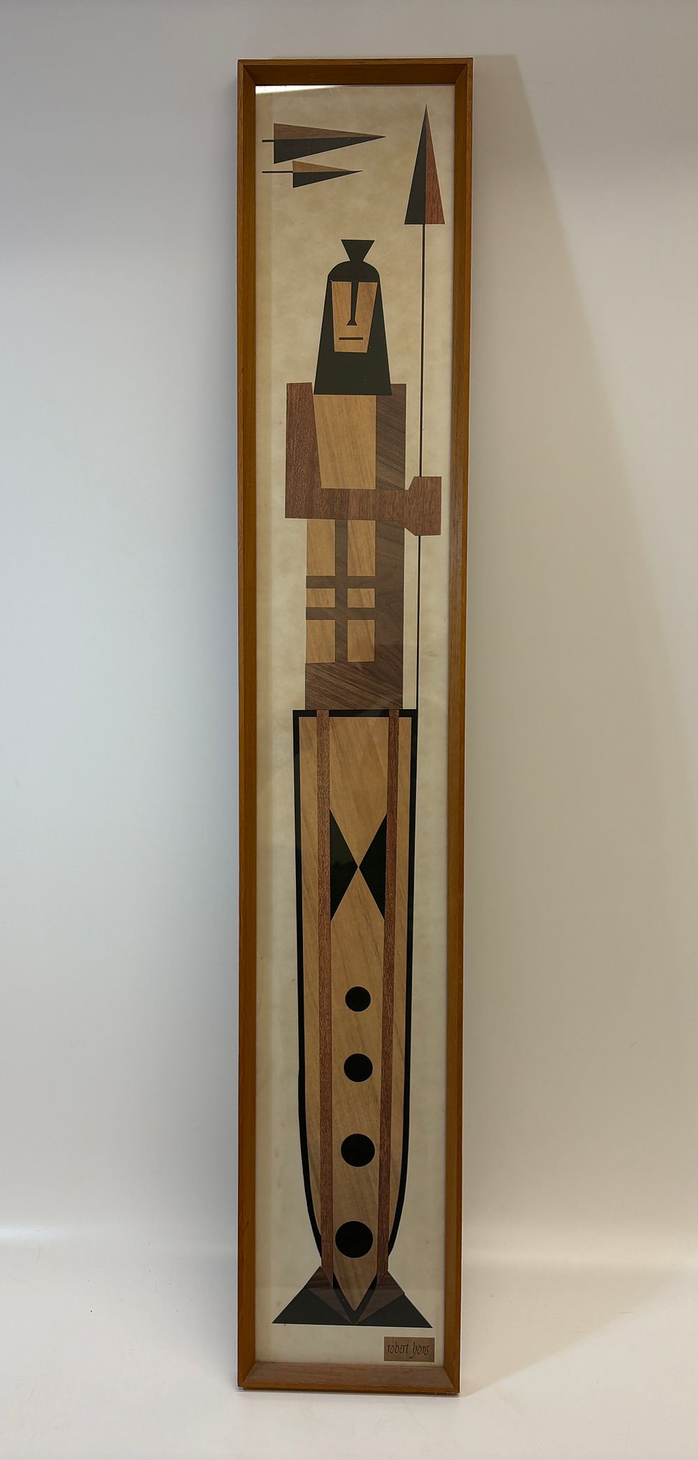 Lot 685: Robert Lyons, Mid-Century Modern Wood Marquetry Panel of a Warrior 17x98cm