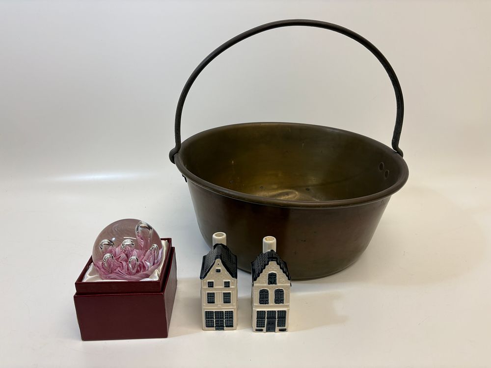 Lot 686: A Collection of Antique Brass Metalware, Art Glass, and KLM Bols Ceramic Miniatures