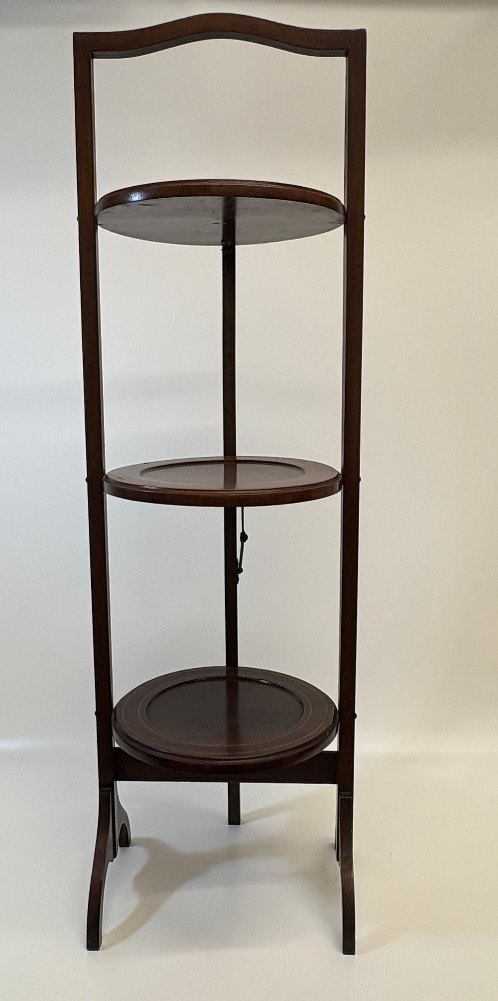 Lot 691: Edwardian Style Inlaid Mahogany Three Tier Folding Cake Stand 88cm