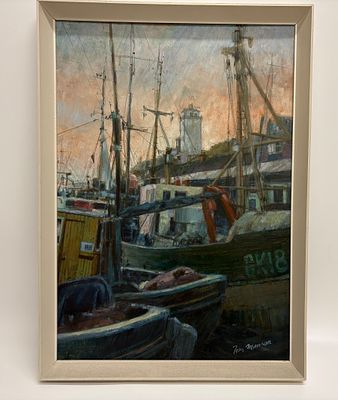 Tom Manson (20th Century), Maritime Harbour Scene with Fishing Trawlers. Tom Manson (20th 