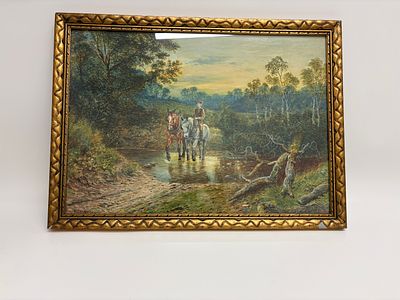 Wilson Hepple (British, 1848-1937), Horses Crossing a Ford, Watercolour and Bodycolour, dated 1917. 