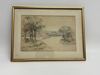 Victor Noble Rainbird (1888-1936), River Landscape with Cottage, Watercolour 81 x 38 Cm. A 