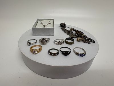 An Assortment of Sterling Silver and Costume Jewellery including a Charm Bracelet and Rings 