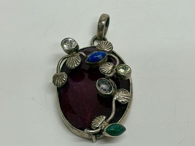 Artisan Sterling Silver and Multi-Gemstone Foliate Pendant 23.69g gross. A large modernist 