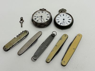 Two Antique Pocket Watches and Five Folding Pocket Knives. Two open-face pocket watches and five 