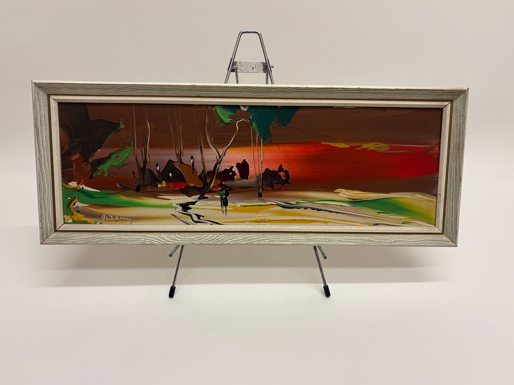 Lot 481: George R. Deakins (1911-1982), Oil on Board, Abstracted Landscape at Sunset