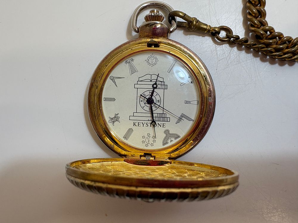 Lot 1g: Masonic Pocket Watch & 9ct Gold Cased Orb on Brass Albert Chain