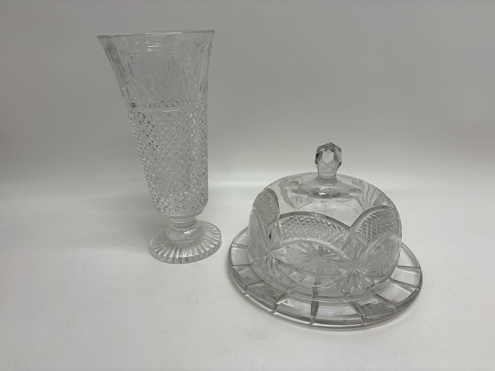 Lot 376: Two Pieces of Cut and Etched Crystal Tableware including a Trumpet Vase and Lidded Butter Dish