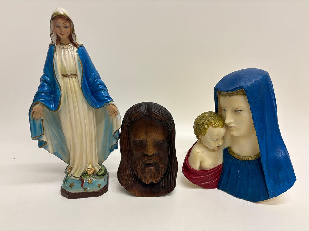 Lot 440: A Trio of Religious Devotional Items Including Our Lady of Grace Statue and Carved Wooden Head of Christ
