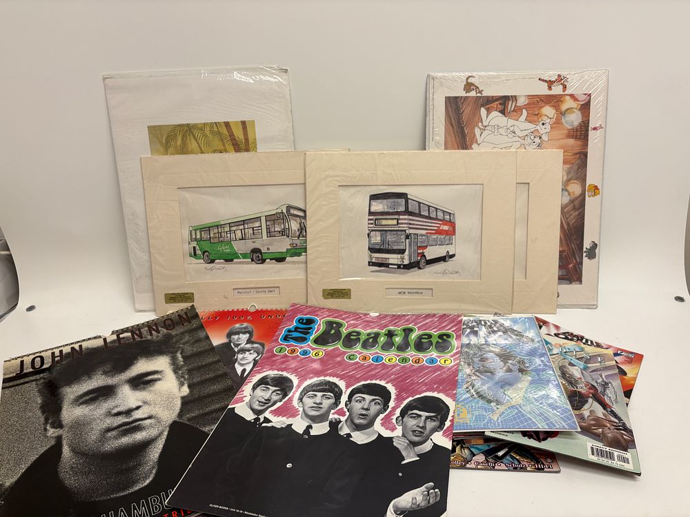 Lot 565: An Assortment of Pop Culture Memorabilia and Art Including Bernard McDermott Bus Prints, The Beatles Calendars, and Modern Comic Books