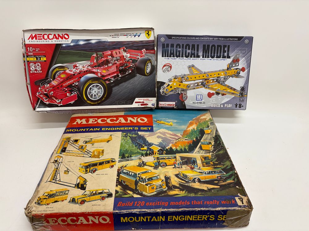 Lot 566: Three Metal Construction Toy Sets including Vintage Meccano Mountain Engineer's Set No. 7 and Ferrari SF71H
