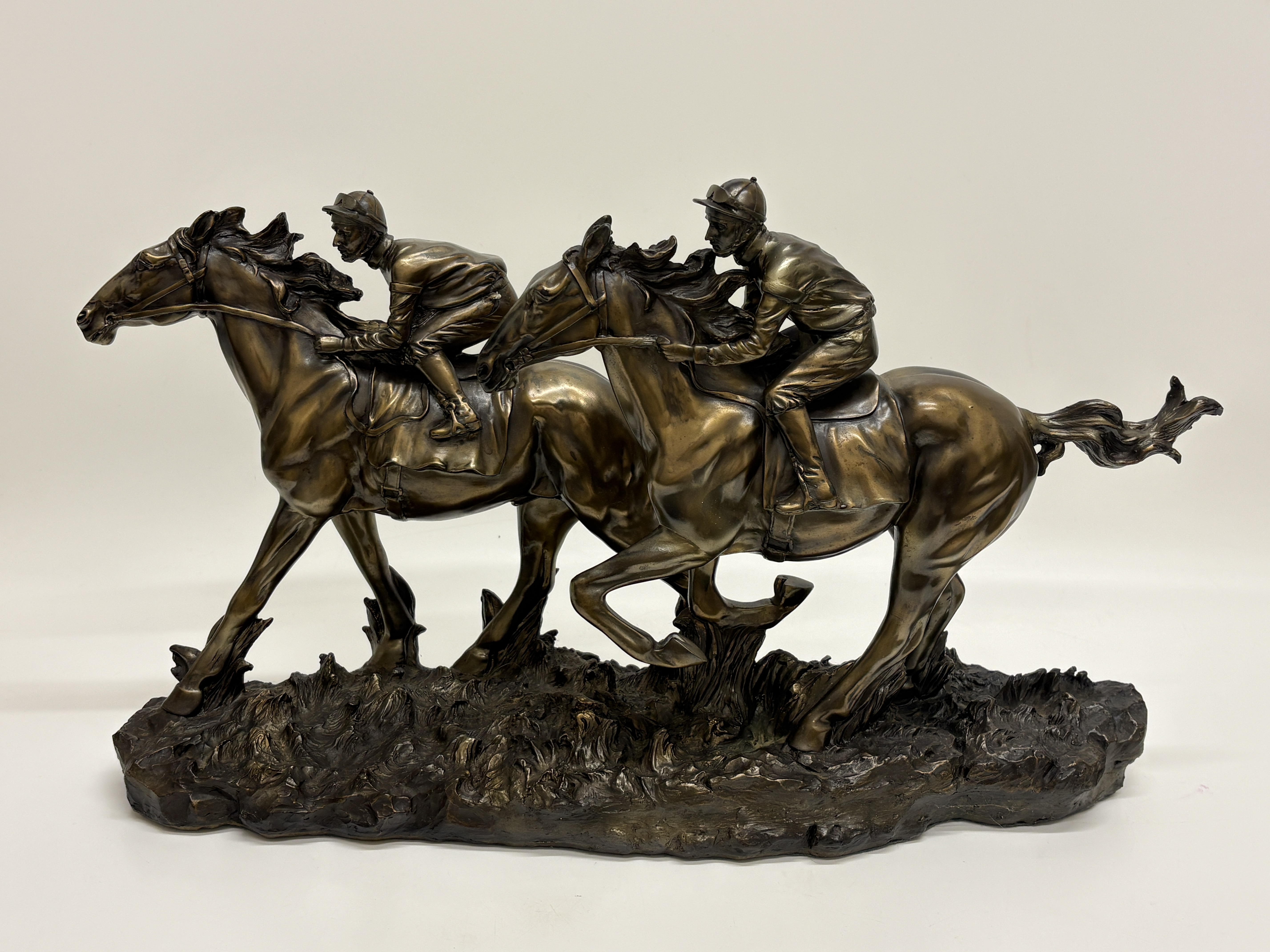 Large Faurestware, A Bronzed Composite Sculpture of Two Jockeys on Horseback 53x32cm