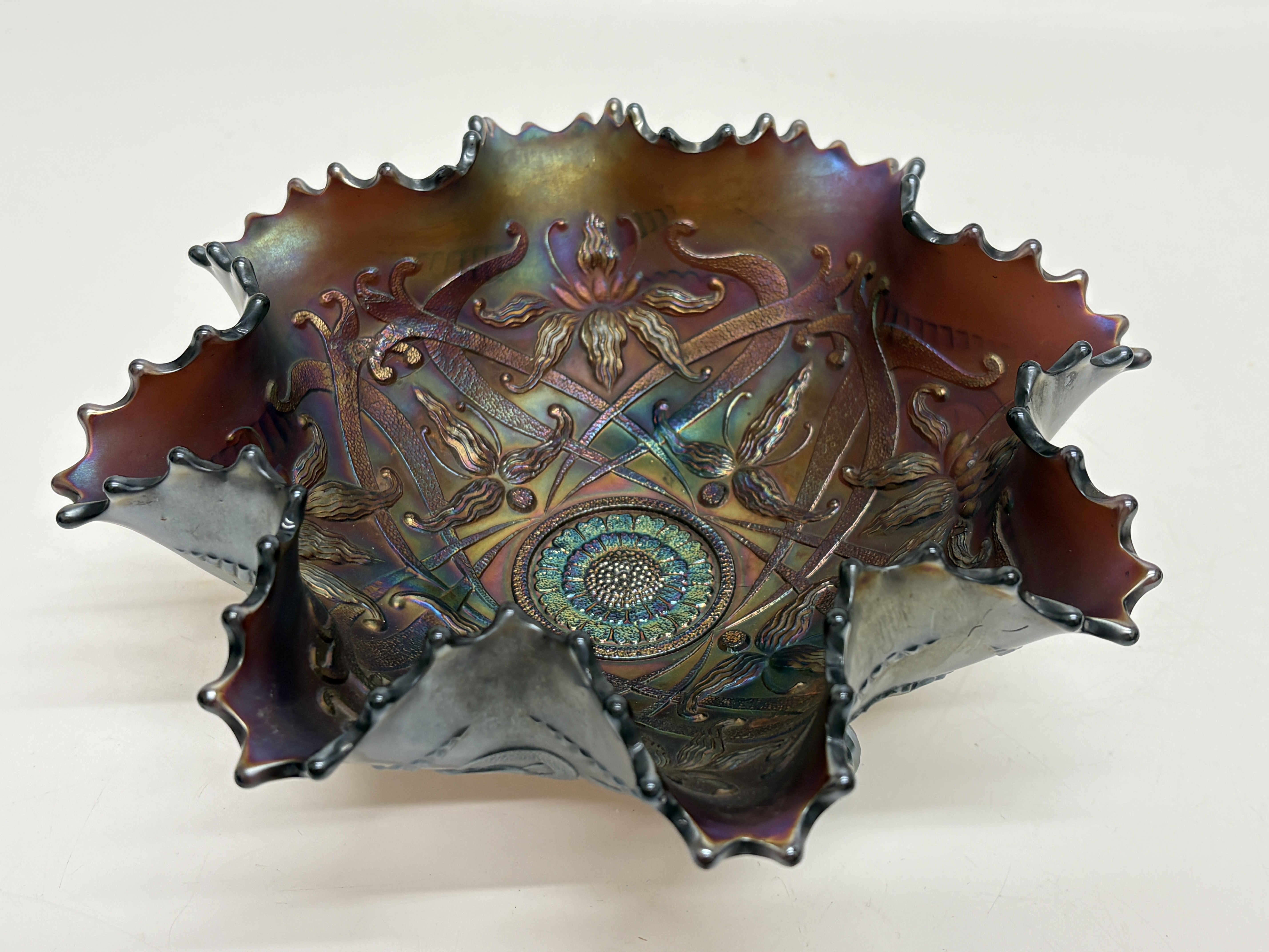 Northwood Wishbone Pattern Amethyst Carnival Glass Footed Bowl