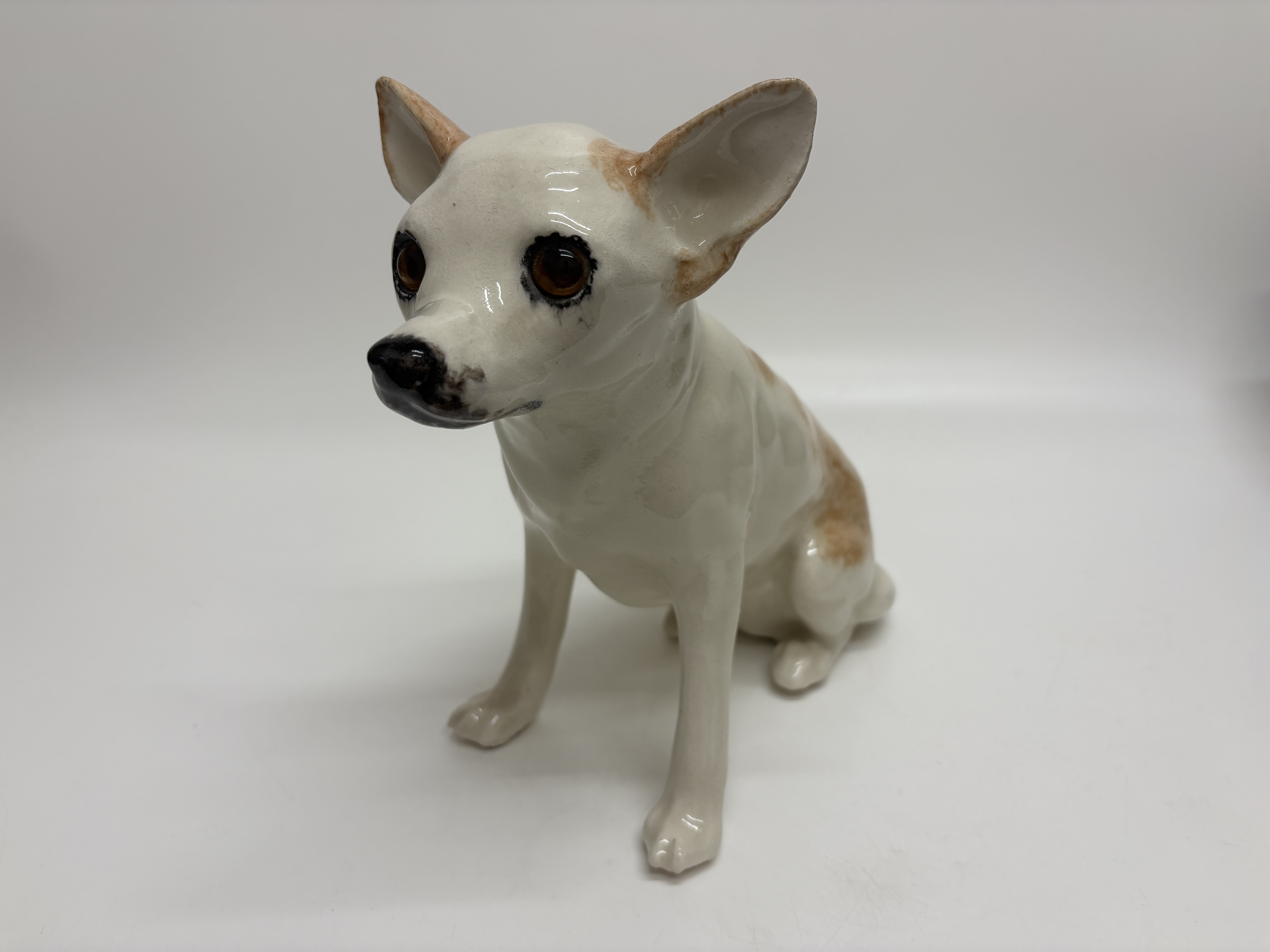 A Vintage Glazed Ceramic Chihuahua Dog Figurine with Inset Glass Eyes 23x28cm